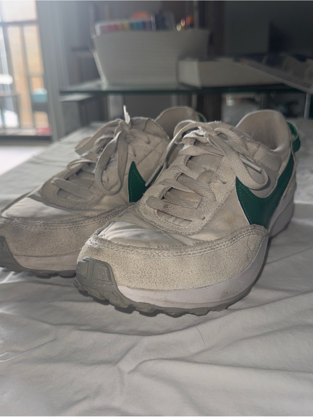 Nike Beige and Green Retro-Style Sneakers